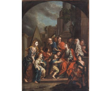   Kirchenmaler des 18./19. Jh.   "Lasset die Kindlein zu mir kommen ...". Öl/Lwd. (alte Stellen). 79 x 58 cm. R          