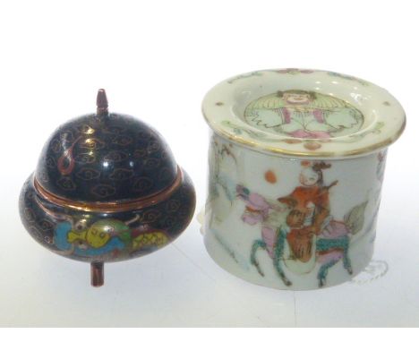 Small Chinese famille rose covered jar; and a cloisonne enamel small covered bowl (2)