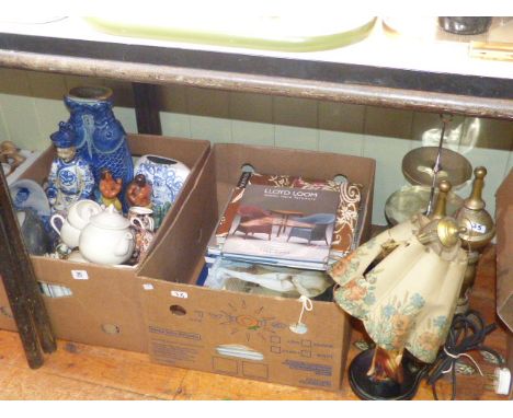 Two boxes of assorted china including teaware, Reference and Guide Books, figure lamp, pair of brass andirons and cakestand