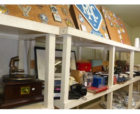HMV Gramophone and horn, telephone, cameras, cutlery, metronome, breakfast set, 12 inch singles, pictures etc