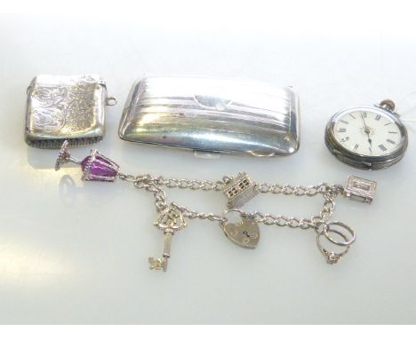 Silver vesta, Birmingham 1903; silver cigarette case, Birmingham 1945, Continental silver lady's fob watch and a charm bracel