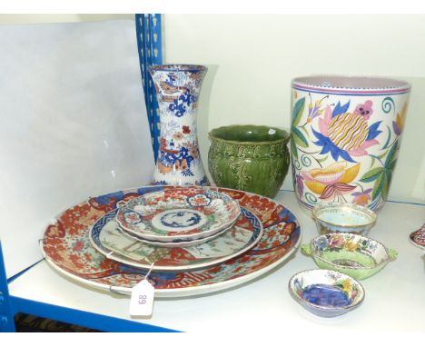 Large Poole pottery planter, jardiniere, vase, three plates, Wedgwood lustre bowl and two Maling dishes