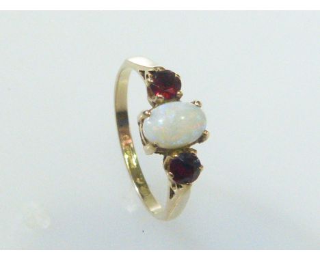 9ct gold, opal and garnet ring, hallmarked, size P½