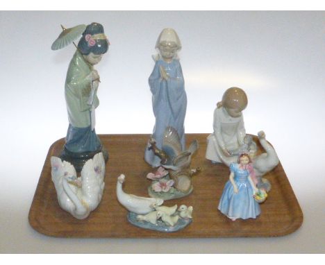 Two Lladro geese, swan, bird and figure, two Nao figures and Royal Doulton 'Wendy' HN2109 (8)