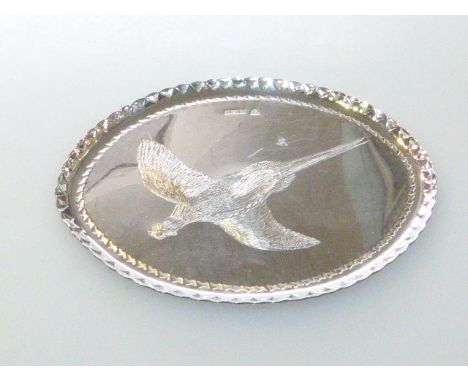 Silver oval tray, possibly by Stuart Devlin, Birmingham 1975, engraved with a pheasant, 12cm by 9cm, 2.7 troy oz