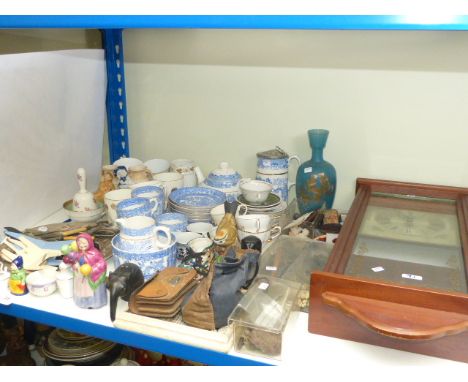 Blue and white tea set, wall clock, commemorative cups, coins, cutlery, etc