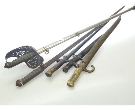 Two swords, one with scabbard and three bayonets and scabbards