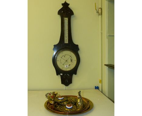 Oak barometer/thermometer, horse brasses, copper and brass circular trays, etc