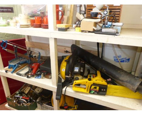 Petrol garden blower, McCullock electric chain saw, Hozelock Killaspray 15L and various tools
