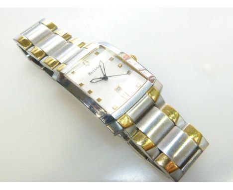 Gentleman's two colour metal wrist watch, signed Bulova, with centre sweep seconds and date aperture