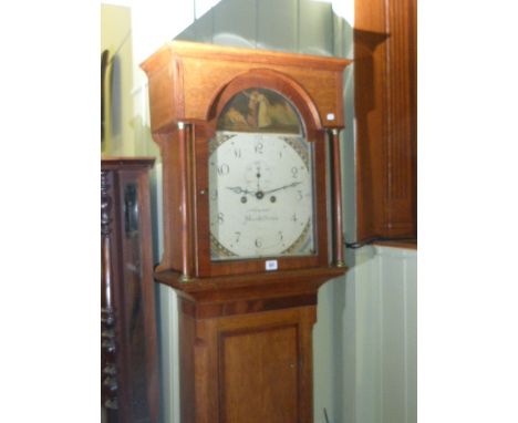 Antique oak and mahogany eight day longcase clock having painted arched dial