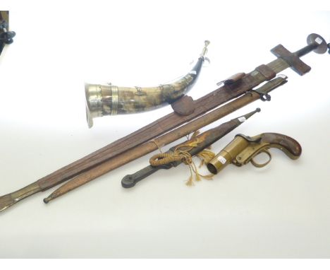 Sword, dagger and bayonet each with scabbard, horn and silver plated Regimental horn and Webley & Scott pistol a/f