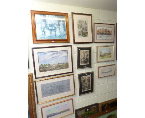 Framed oil St. Cuthberts, Elsdon, four framed watercolours, five prints and humorous sketch (11)