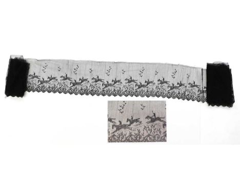 Early 20th Century Possibly French Chantilly Lace Flounce, woven with jump jockeys on horseback, some holding their crop alof