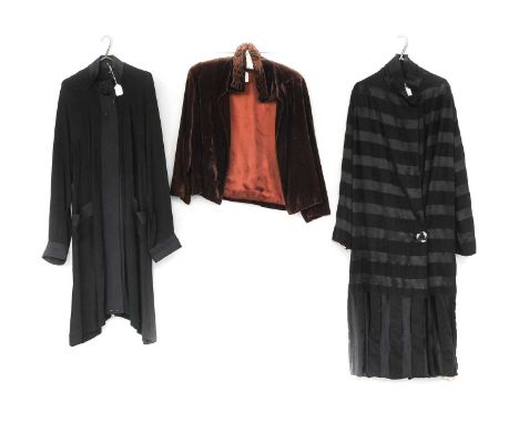 1930s Evening Coats and Jackets comprising a black silk striped coat with funnel neck collar, long sleeves, two button fasten