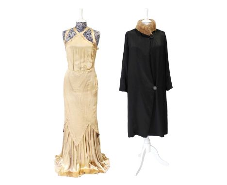 A Circa 1930s Gold Satin Evening Dress with multi straps, two tier skirt with a zig zag hem to the upper part, a Black Silk E