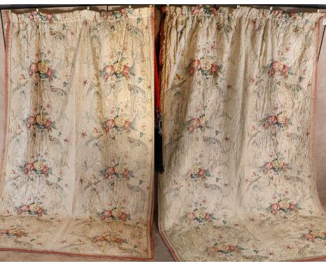 Pair of Early 20th Century Cotton Chintz Quilted Curtains, printed with decorative vases of flowers flanked by exotic brids o