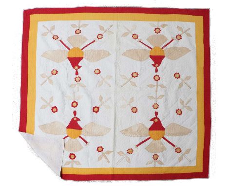 20th Century Quilt Appliqué with Primitive Birds and Flower Stems in red, yellow and light brown worked on a white cotton gro