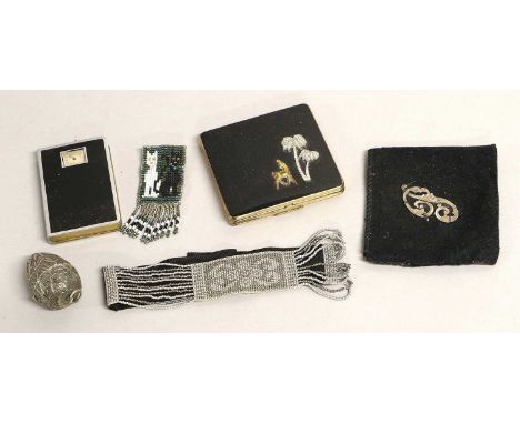 Circa 1930s Compacts and Jewellery, comprising a black enamel hinged timepiece set in a compact, Kigu black enamel hinged com