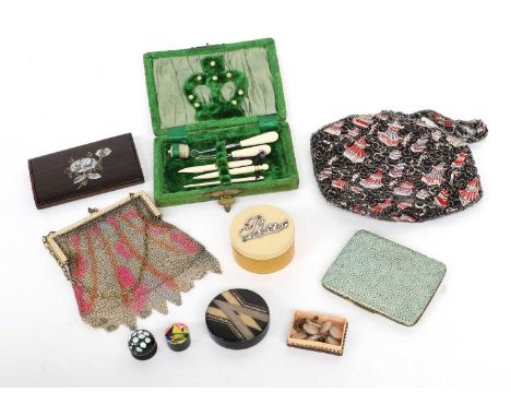 Assorted Early 20th Century Lady's Accessories, comprising a decorative mesh evening purse with enamel decorated gilt metal h