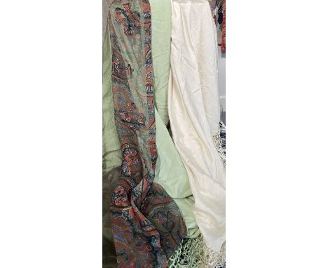 Early 20th Century Pale Green Silk Evening Shawl, tassel fringing 100cm square, Another in Cream Silk 203cm square,Green Silk