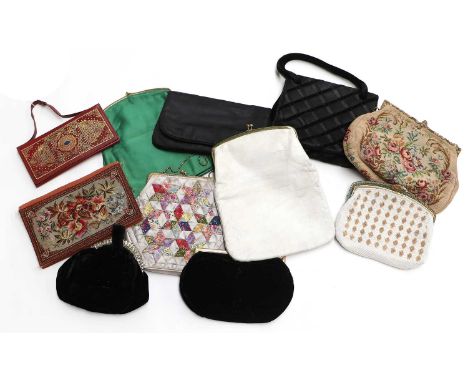 Assorted 20th Century Ladies Evening Bags comprising a black velvet purse with paste set clasp, another similar,a black silk 