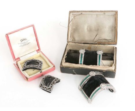 A Pair of Green Enamel and Paste Buckles, the green enamel rectangular frames within borders of round cut paste, with cluster