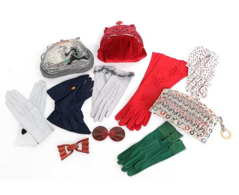 Circa 1920s Costume Accessories comprising a petit point evening purse, depicting black and white swans bearing crowns to the