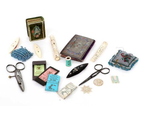 Assorted Late 19th/Early 20th Century Sewing Accessories, comprising two carved bone needle cases of cylindrical and tapered 
