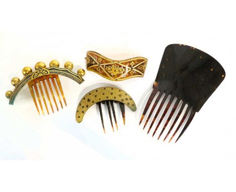 19th Century Hair Combs and Clips comprising a hair comb in gilt and black enamel shaped as a coronet mounted with 7 balls an