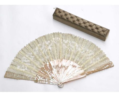 Early 20th Century Brussels Point de Gaze Lace Fan of floral design on mother of pearl sticks and guards, 27cm, in a grey sil