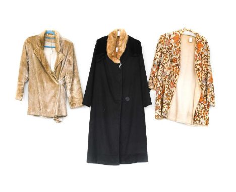 Circa 1920s Costume comprising a French Shirley Lea Sardeson-Hovland &amp; Co black wool evening coat with single button fast