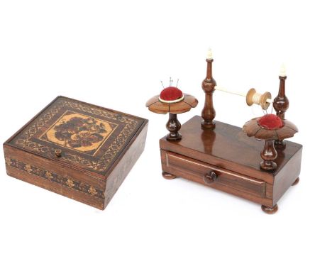 19th Century Tunbridgeware Square Box with lift up hinged lid, small turned knop, decorated with a floral design within a bor