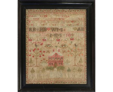 Scottish Alphabet Sampler Worked by Marian Buuchanan Aberdeen 1835, depicting a central red brick house with pink door knocke
