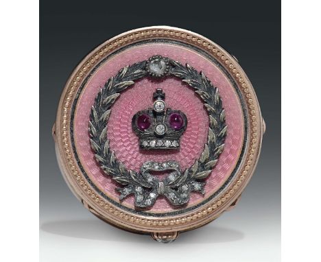 Scatola circolare in oro, brillanti, rubini e smalti rosa. Atelier di Fabergé, Maestro Orafo Henrik Wigstrom (1822-1930), San