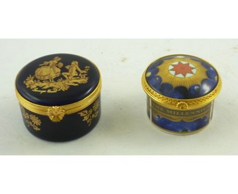 A ROYAL WORCESTER PORCELAIN MILLENNIUM PATCH BOX having celestial enamelled exterior, 35mm high x 50mm and another LIMOGES PA