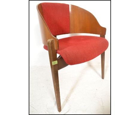 A 20th Century post war Art Deco inspired bentwood chair having red fabric seat raised on three tapering legs and a bentwood 