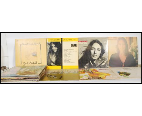 A collection of vinyl long play LP vinyl folk records by Bob Dylan, Joni Mitchell and Joan Baez. Bob Dylan Street Legal, Hits