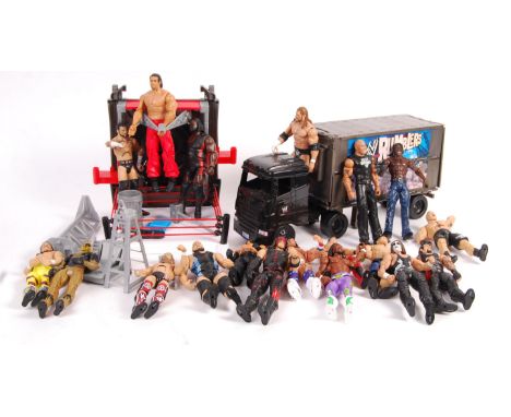 A collection of approx 20 Mattel made WWE Wrestling action figures along with a Rumblers truck and ring set and various other