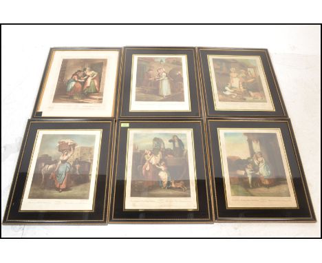 A group of six 19th 'Century Cries' of London hand coloured engravings after F. Wheatley R. A. to include 'Strawberrys, Scarl