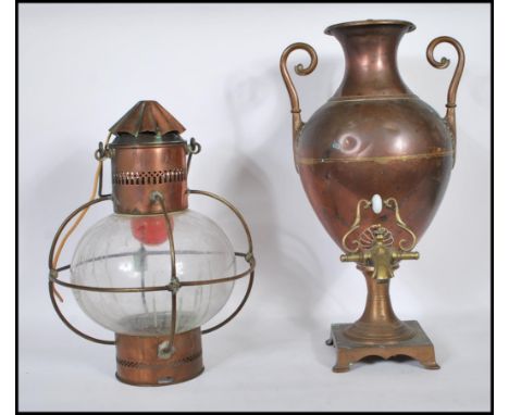 A vintage early 20th Century brass and copper ships lantern having a later conversion to electric together with an early 20th