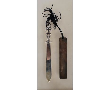 A silver hallmarked bookmark having a black tasseled top along with a stamped 925 silver letter opener having a maltese cross