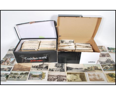 Vintage / antique world view postcards.Majority WWI - WWII. Large quantity around 1,400 standard size, no large, in two shoeb