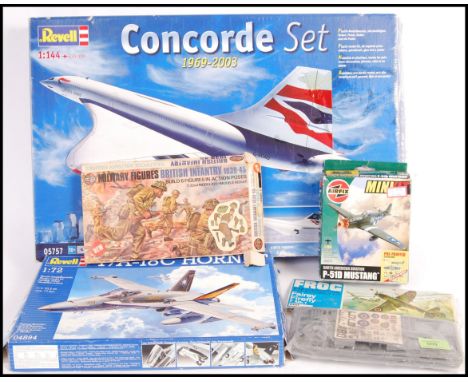 A collection of original vintage plastic scale model kits comprising: Revell 04894 1/72 scale F/A-18C Hornet box opened but u