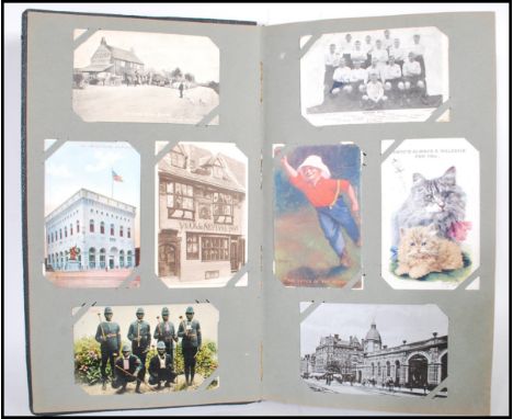 Postcard collection (304) in Edwardian Art Nouveau style album. Diverse range of antique / vintage cards noted: Shopfronts, O