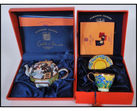 Two Goebel Charlotte di Vita limited edition enamelled copper miniature cabinet ornaments to include a tea cup and saucer han