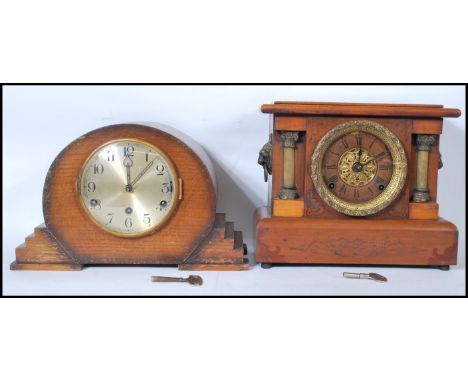 Two early to mid 20th Century mantel clocks to include an Art Deco style clock raised on stepped feet, the other an American 