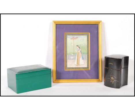 A collection of Chinese lacquered trinket boxes together with an Indian Mughal oil on board of a young women with doves, fram