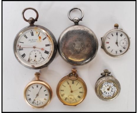 A group of five vintage pocket and fob watched to include an open faced J. W. Benson London silver hallmarked pocket watch ha