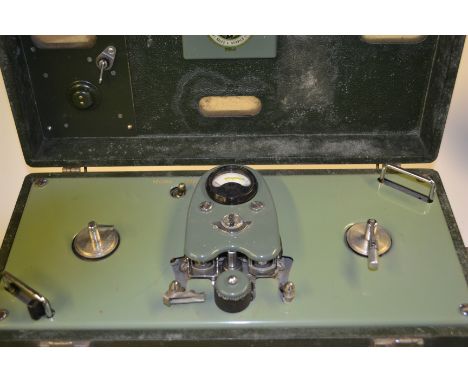 A vintage 20th Century EMI military portable reel to reel tape player recorder, green rexine covered case, lift up lid&nbsp; 
